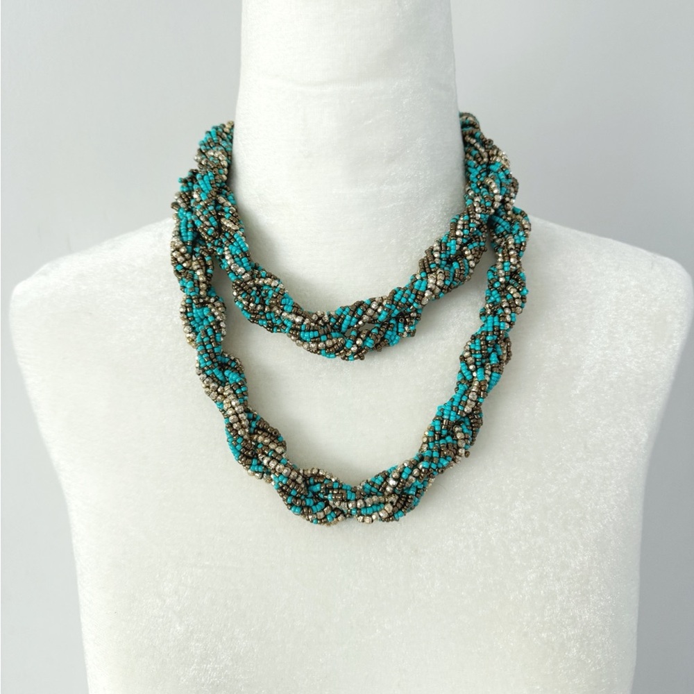 Adjustable Beaded Turquoise Blue Braided Necklace